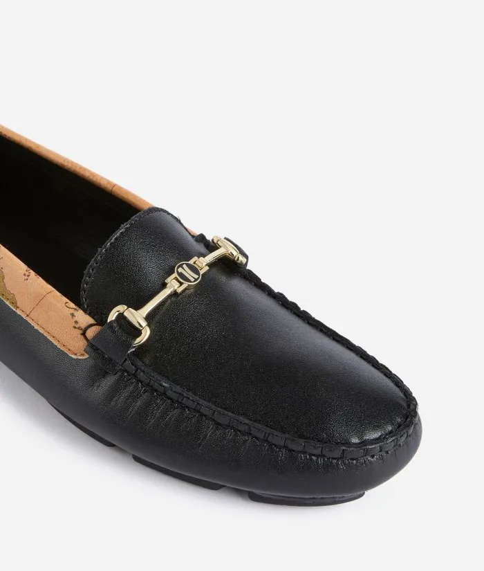 Woman Flat Shoes Alviero Martini Smooth Leather Moccasins With 1c Logo Horsebit Black