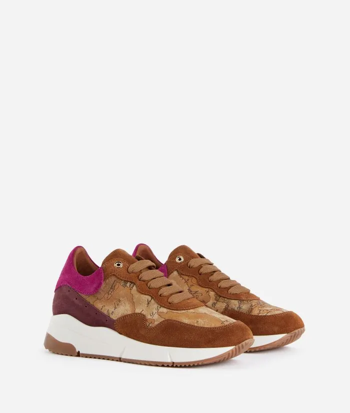 Woman Sneakers Alviero Martini Suede And Geo Classic Print Faux Nubuck Running Shoes Leather Brown