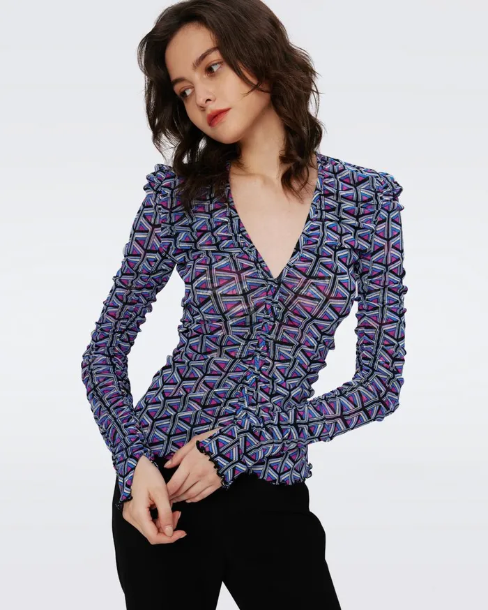 Women Amal Reversible Mesh Top Fishnet Floral And Stadium Geo Purple DVF Tops