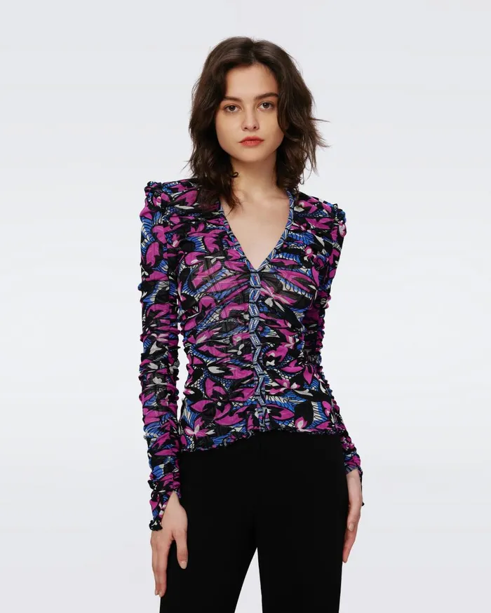 Women Amal Reversible Mesh Top Fishnet Floral And Stadium Geo Purple DVF Tops