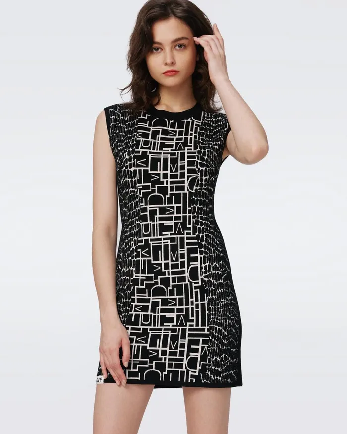 Women Aviva Knit Jacquard Reversible Dress Dvf Logo And Leopard Black And Ivory DVF Dresses