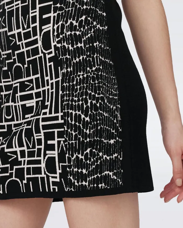 Women Aviva Knit Jacquard Reversible Dress Dvf Logo And Leopard Black And Ivory DVF Dresses