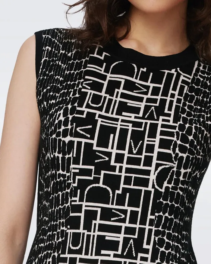 Women Aviva Knit Jacquard Reversible Dress Dvf Logo And Leopard Black And Ivory DVF Dresses