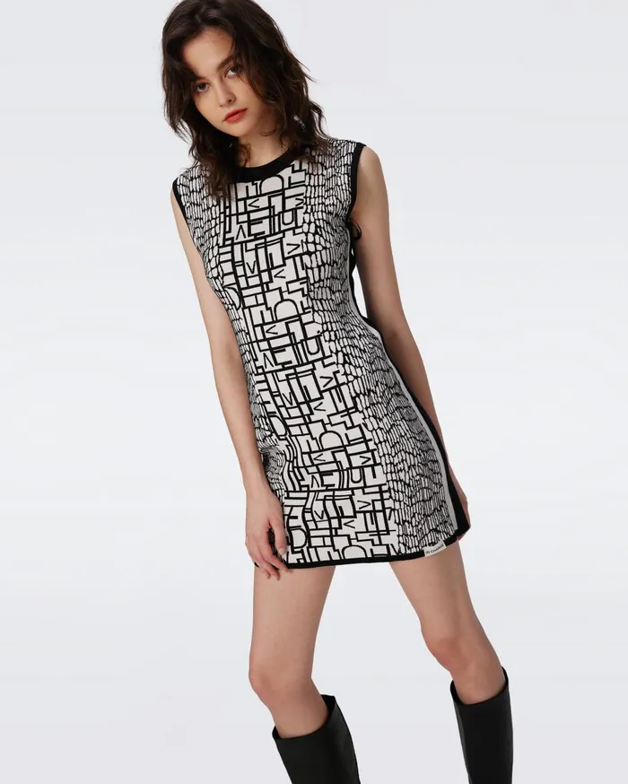 Women Aviva Knit Jacquard Reversible Dress Dvf Logo And Leopard Black And Ivory DVF Dresses