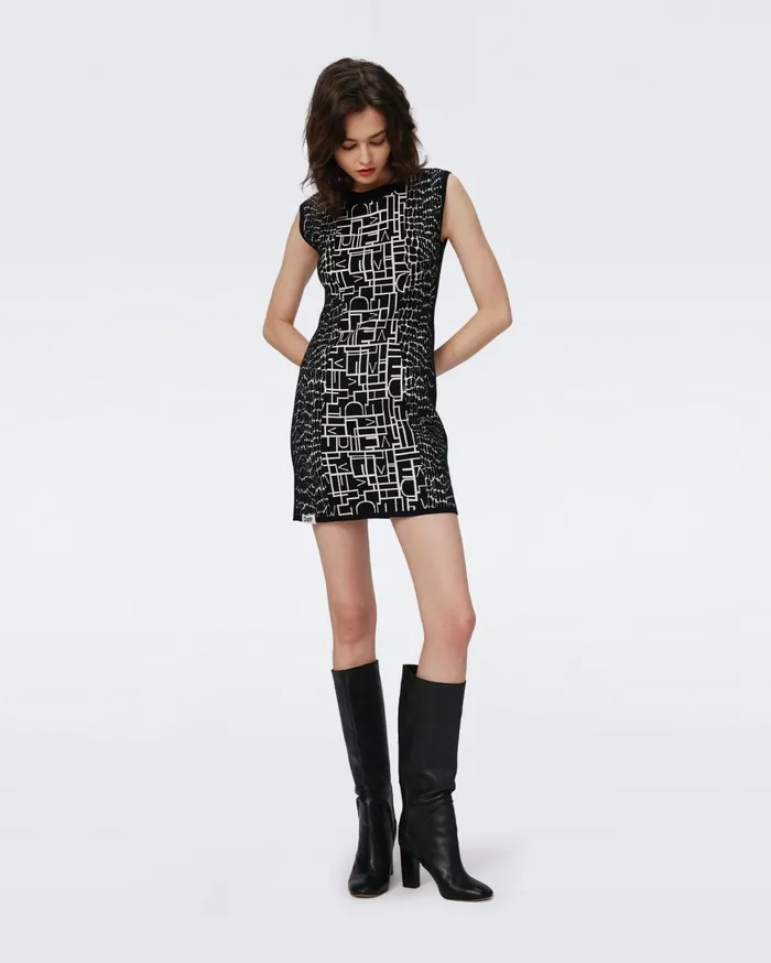 Women Aviva Knit Jacquard Reversible Dress Dvf Logo And Leopard Black And Ivory DVF Dresses