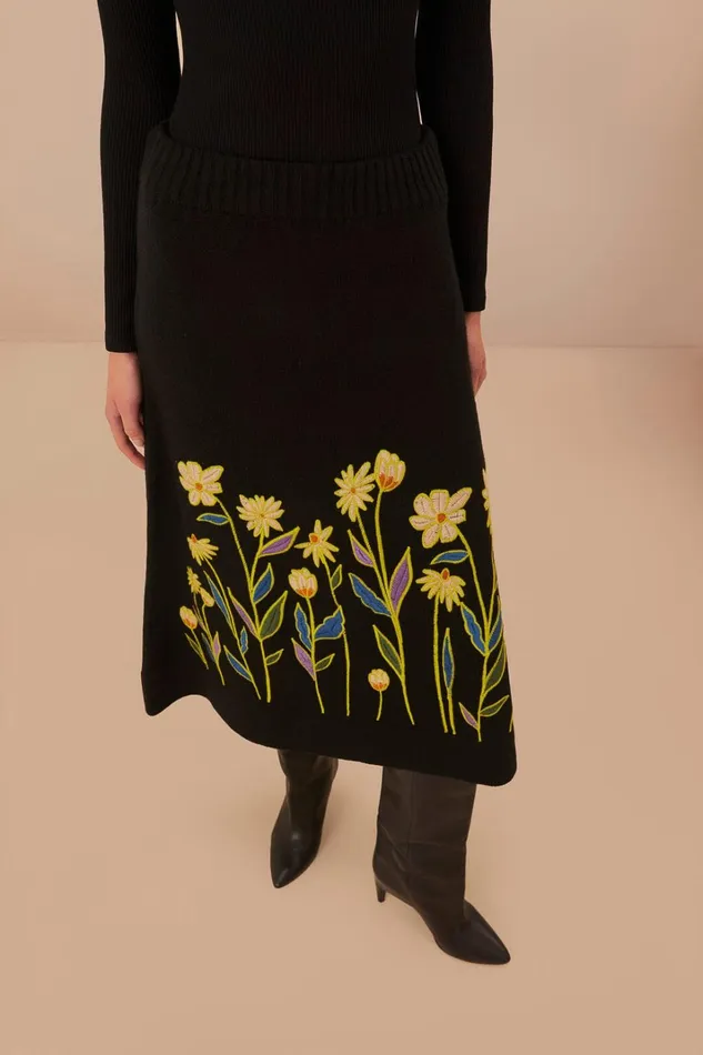 Women Black Farm Rio Flowers Embroidered Knit Skirt Black FARM Rio Skirts