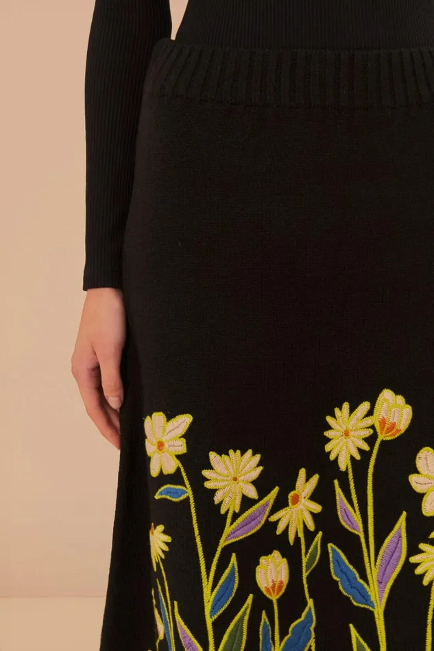 Women Black Farm Rio Flowers Embroidered Knit Skirt Black FARM Rio Skirts
