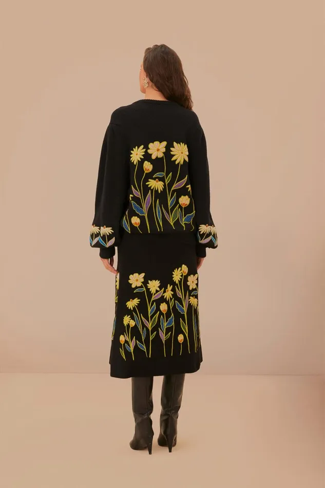 Women Black Farm Rio Flowers Embroidered Knit Skirt Black FARM Rio Skirts