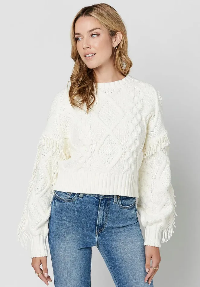 Women Boxy Fringed Mercina Sweater Egret Buffalo David Bitton Sweaters