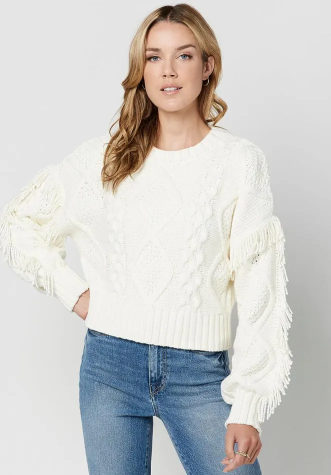 Women Boxy Fringed Mercina Sweater Egret Buffalo David Bitton Sweaters