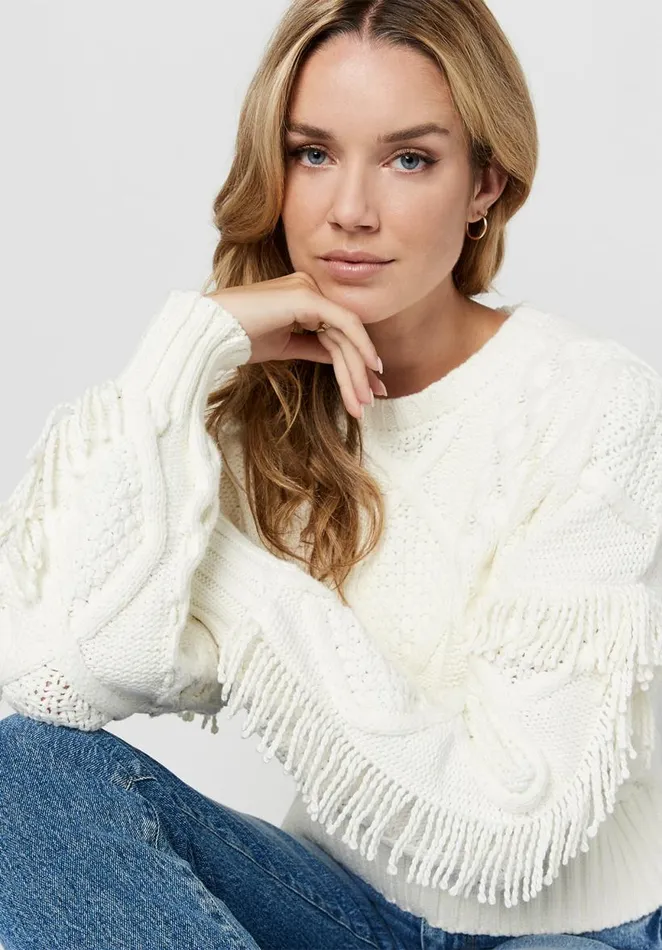 Women Boxy Fringed Mercina Sweater Egret Buffalo David Bitton Sweaters