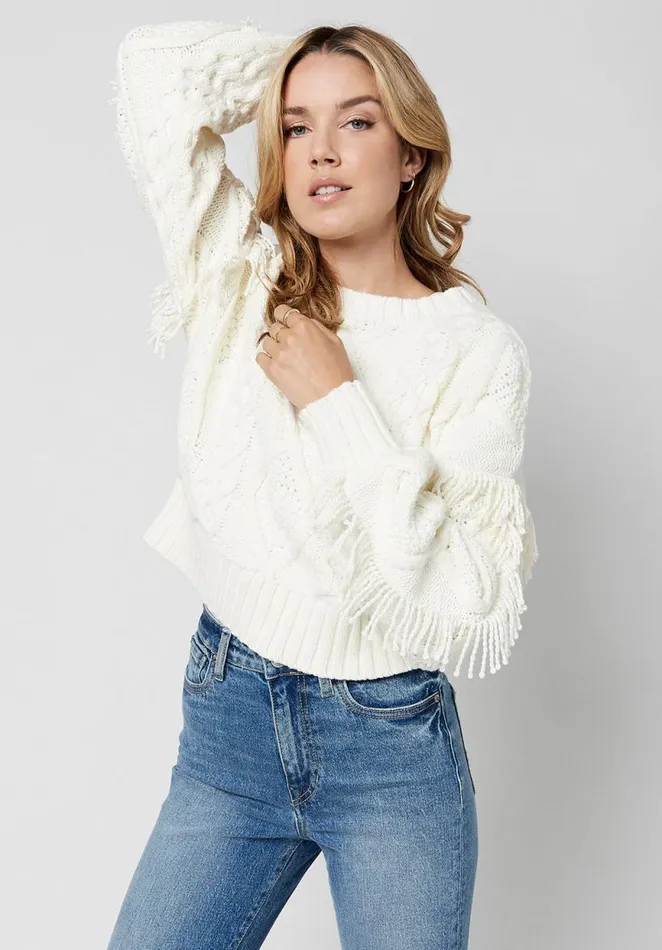 Women Boxy Fringed Mercina Sweater Egret Buffalo David Bitton Sweaters