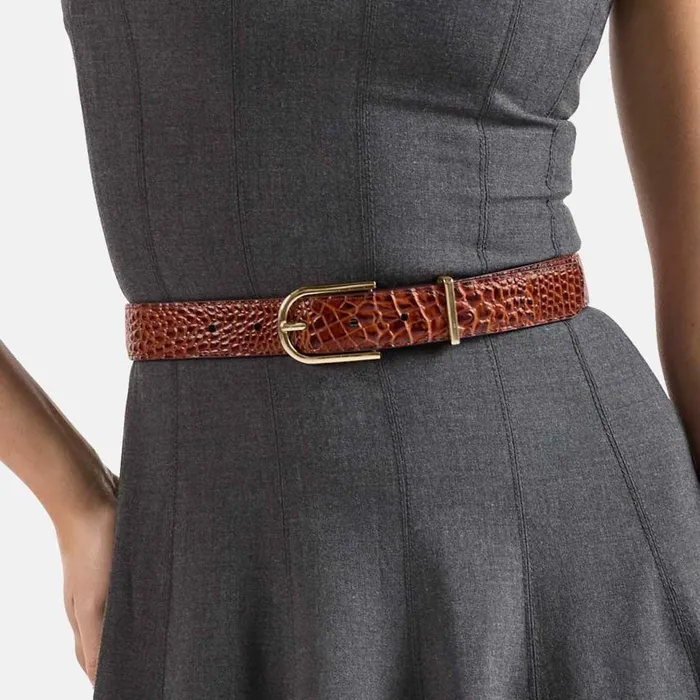 Women Brahmin Belts Medium Leather Gold Buckle Belt Grey Classic Snake