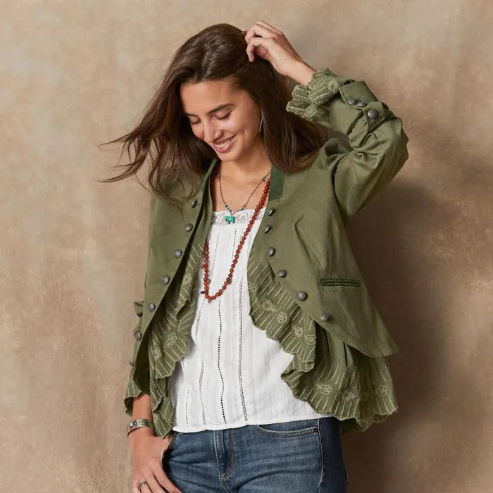 Women Caroline Ruffle Jacket Petite Chive Sundance Catalog Petite Styles