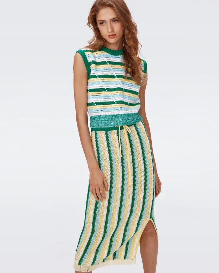 Women Casey Crochet Top Summer Stripe Yellow DVF Tops