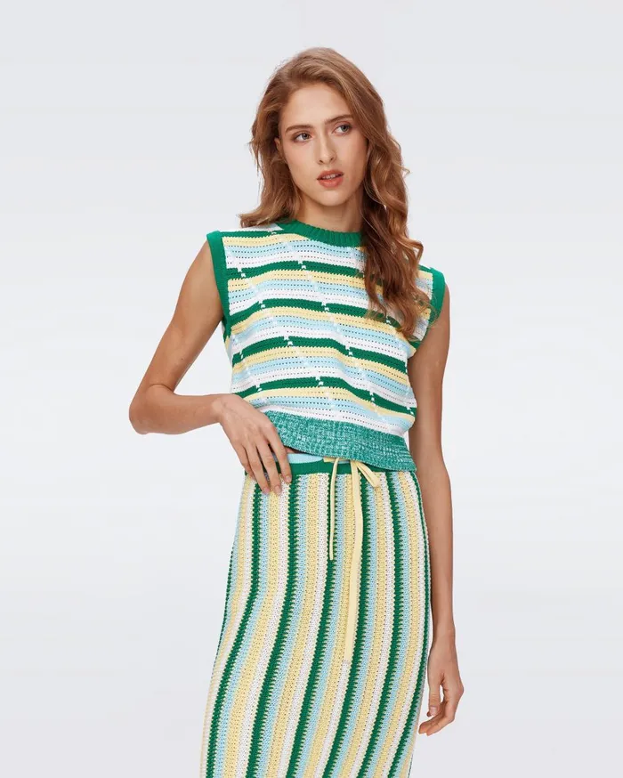 Women Casey Crochet Top Summer Stripe Yellow DVF Tops