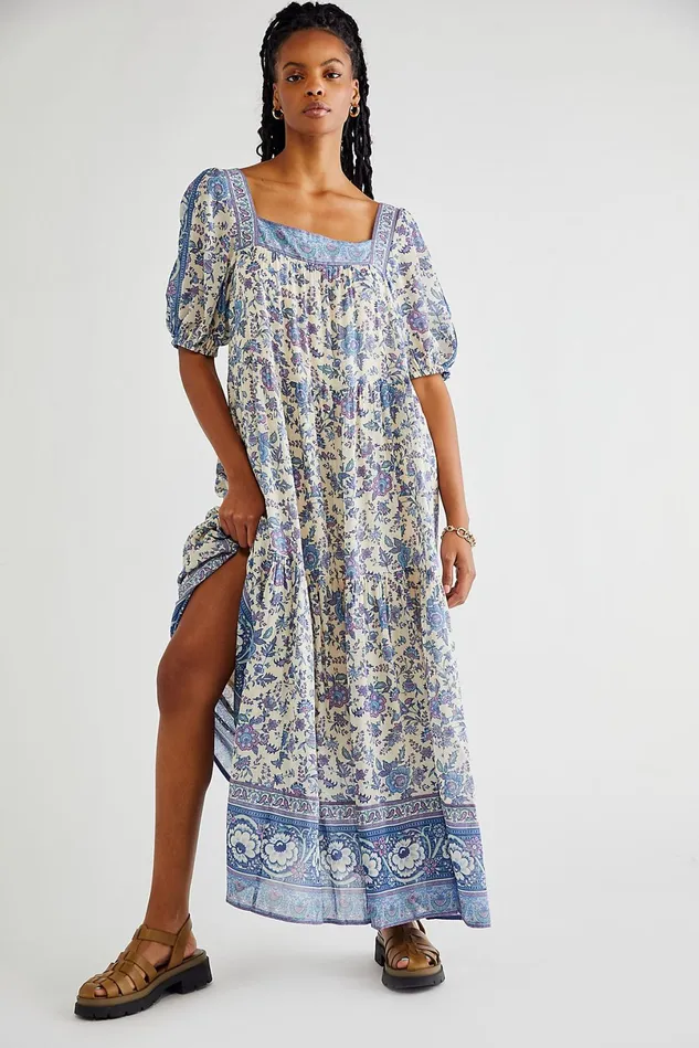 Women Casual Dresses Free People Folk Song Square Neck Gown Sky