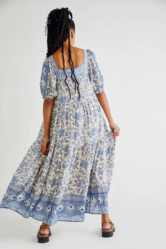 Women Casual Dresses Free People Folk Song Square Neck Gown Sky