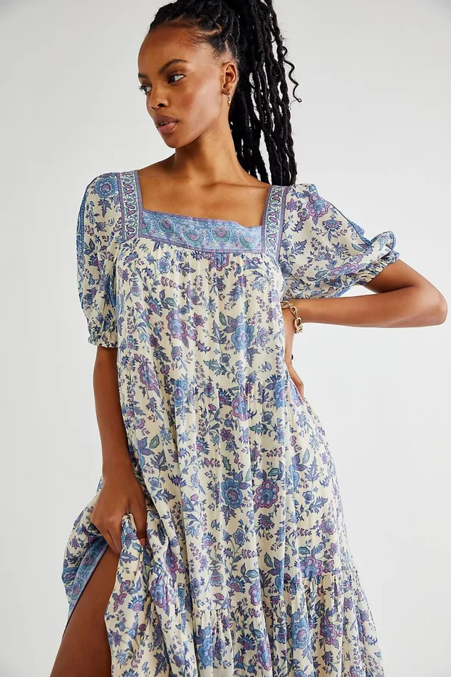 Women Casual Dresses Free People Folk Song Square Neck Gown Sky