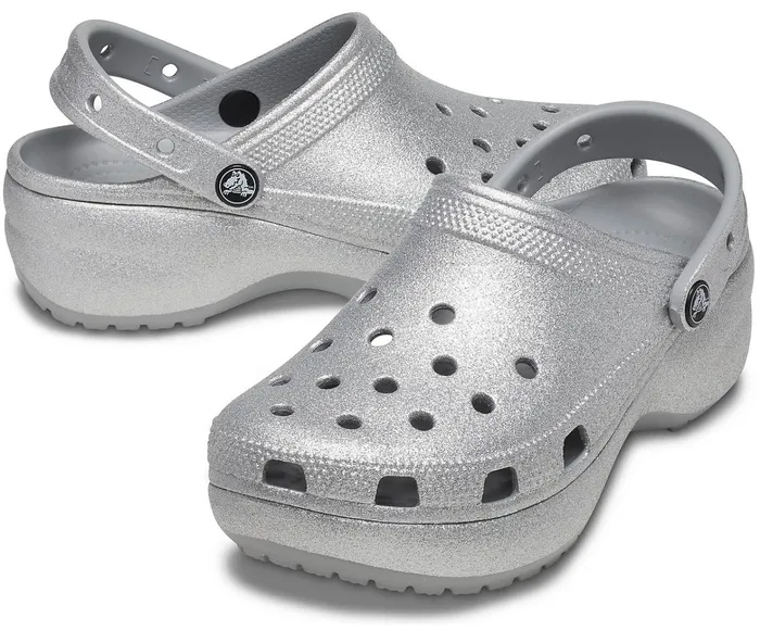 Women Classic Platform Glitter Clog Silver Crocs Clogs