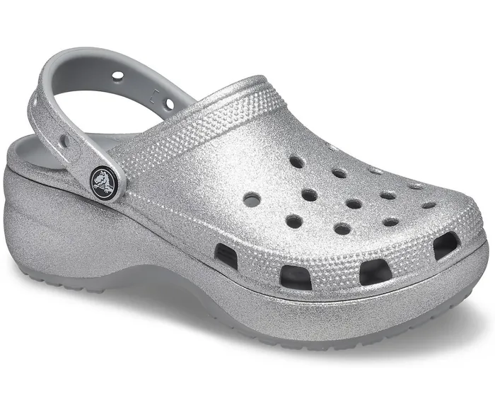 Women Classic Platform Glitter Clog Silver Crocs Clogs