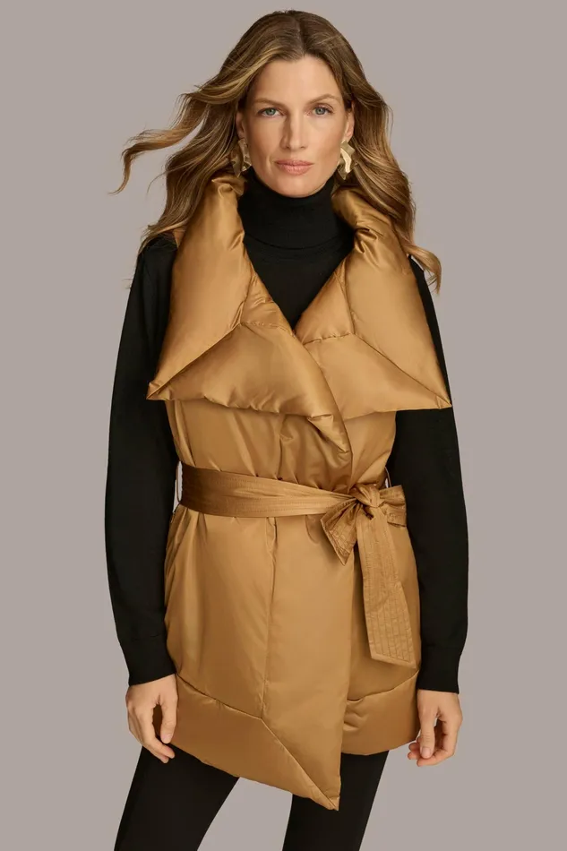 Women Coats And Jackets Donna Karan LONG BELTED PUFFR VEST Antique Gold