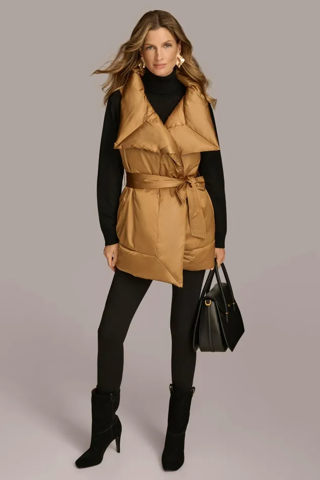 Women Coats And Jackets Donna Karan LONG BELTED PUFFR VEST Antique Gold