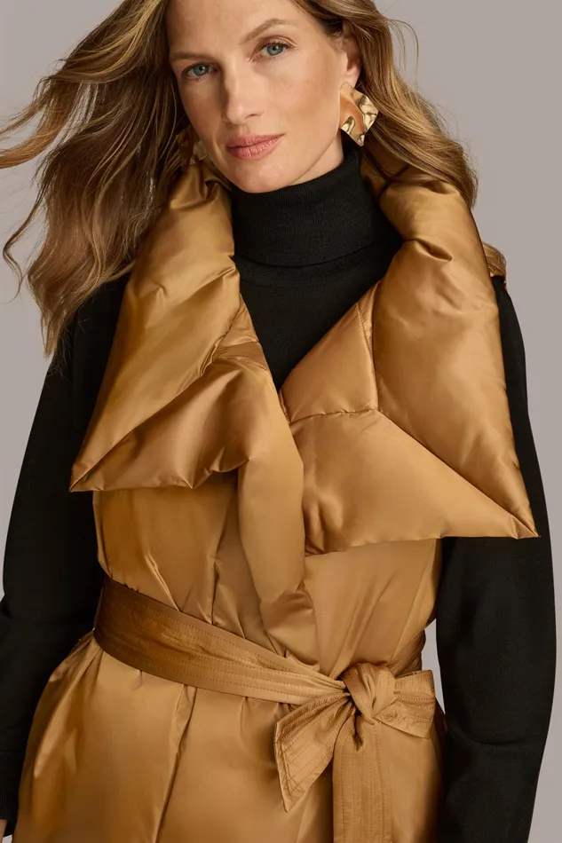 Women Coats And Jackets Donna Karan LONG BELTED PUFFR VEST Antique Gold
