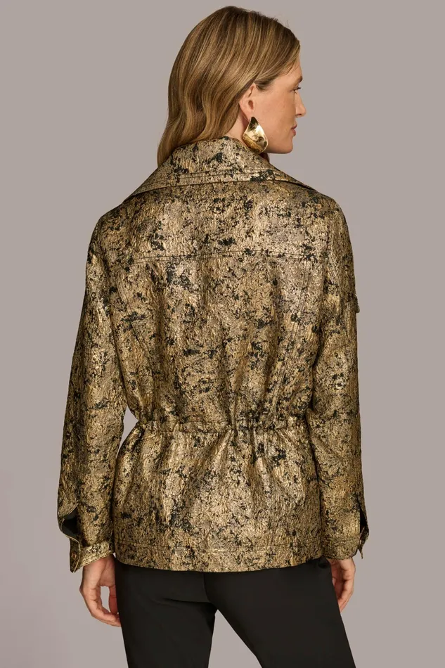 Women Coats And Jackets Donna Karan METALLIC JACQUARD ZIP FRONT JACKET Blackgold Combo