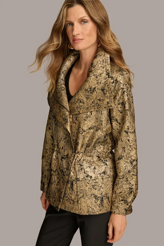 Women Coats And Jackets Donna Karan METALLIC JACQUARD ZIP FRONT JACKET Blackgold Combo