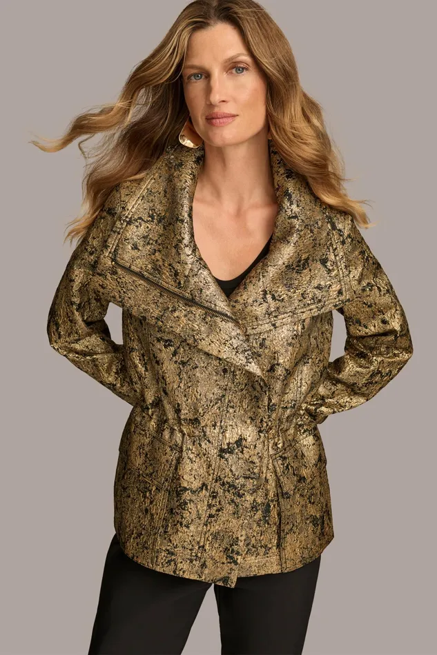 Women Coats And Jackets Donna Karan METALLIC JACQUARD ZIP FRONT JACKET Blackgold Combo