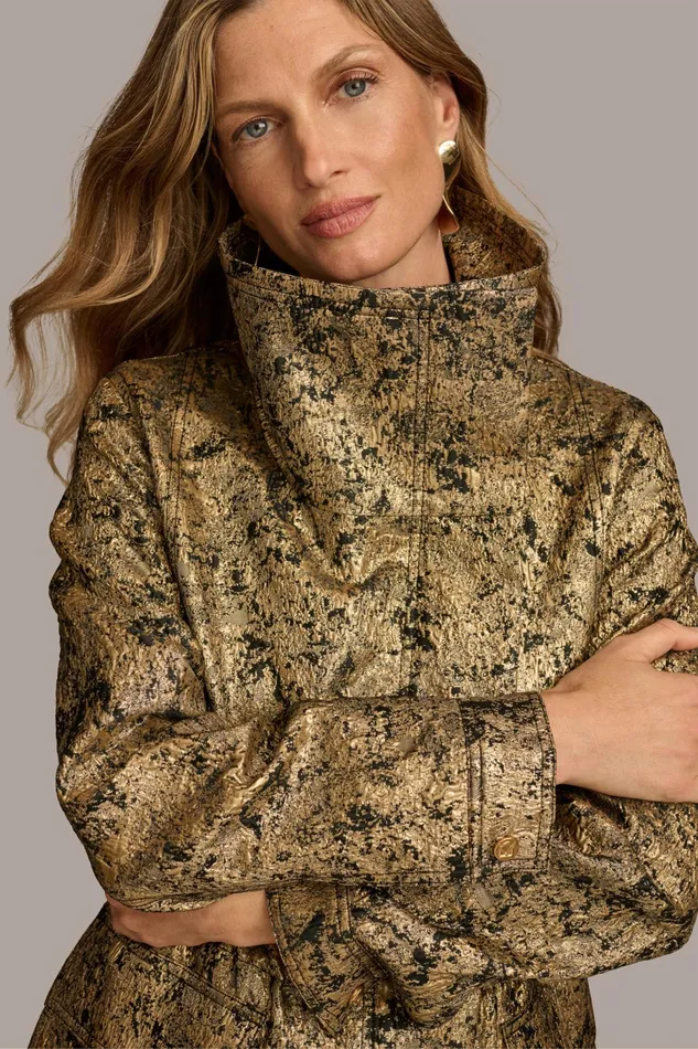 Women Coats And Jackets Donna Karan METALLIC JACQUARD ZIP FRONT JACKET Blackgold Combo