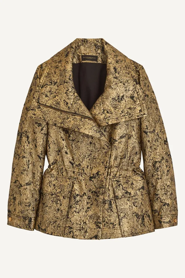 Women Coats And Jackets Donna Karan METALLIC JACQUARD ZIP FRONT JACKET Blackgold Combo