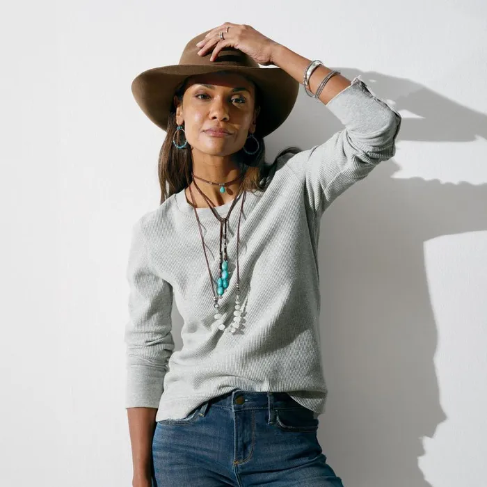 Women Crewneck Thermal Petite Heather Gray Sundance Catalog Petite Styles