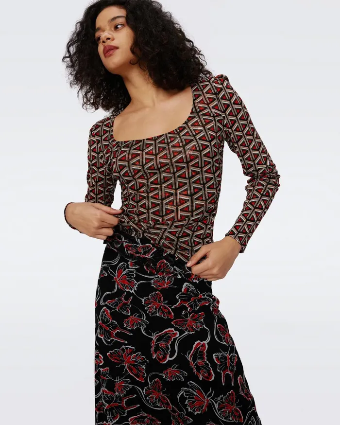 Women Darlene Reversible Mesh Skirt Flutterfly And Tiny Stadium Geo Red DVF Skirts