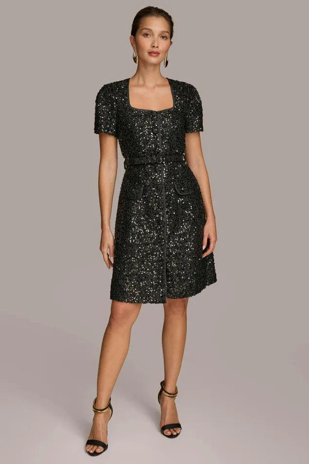 Women Dresses And Jumpsuits Donna Karan SQUARE NECK SEQUIN A LINE DRESS Black