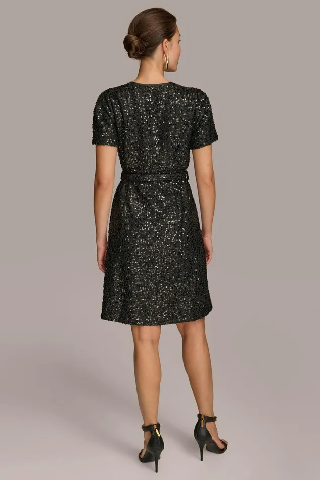 Women Dresses And Jumpsuits Donna Karan SQUARE NECK SEQUIN A LINE DRESS Black