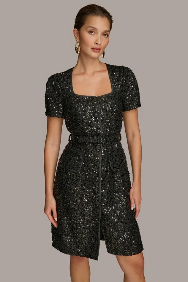 Women Dresses And Jumpsuits Donna Karan SQUARE NECK SEQUIN A LINE DRESS Black