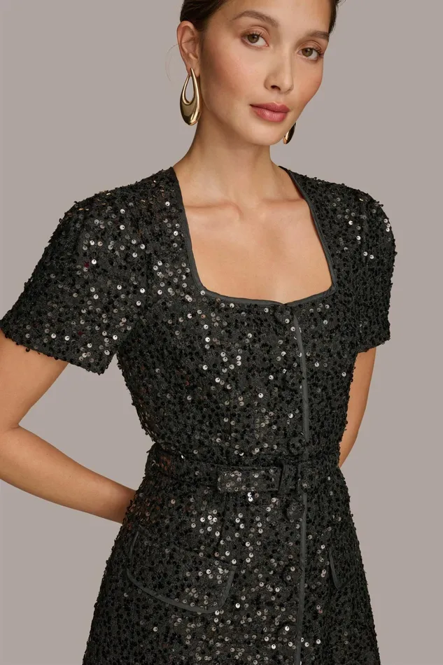 Women Dresses And Jumpsuits Donna Karan SQUARE NECK SEQUIN A LINE DRESS Black