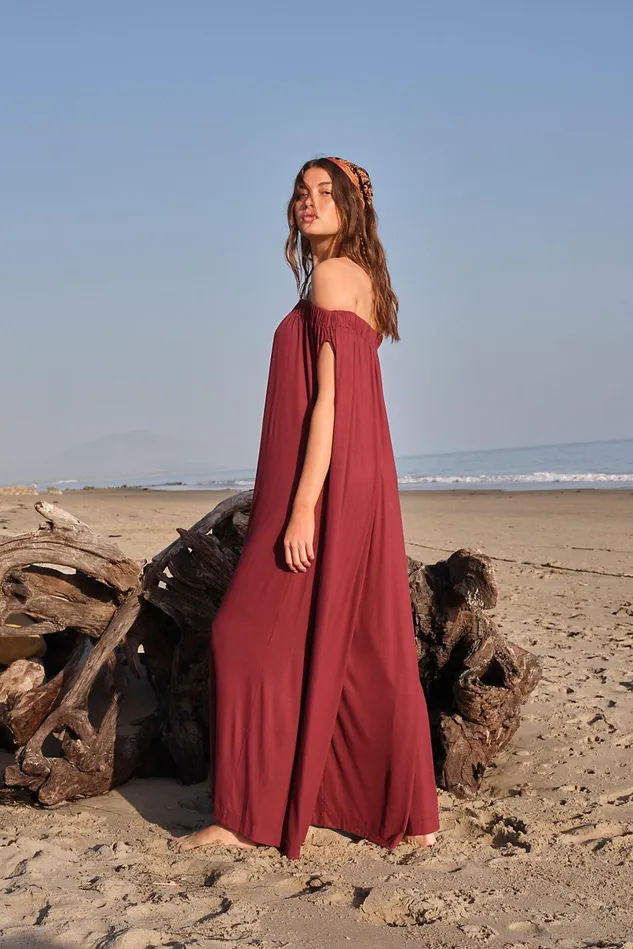 Women Dresses Free People Mexicali Maxi OffTheShoulder Onesie Bordeaux