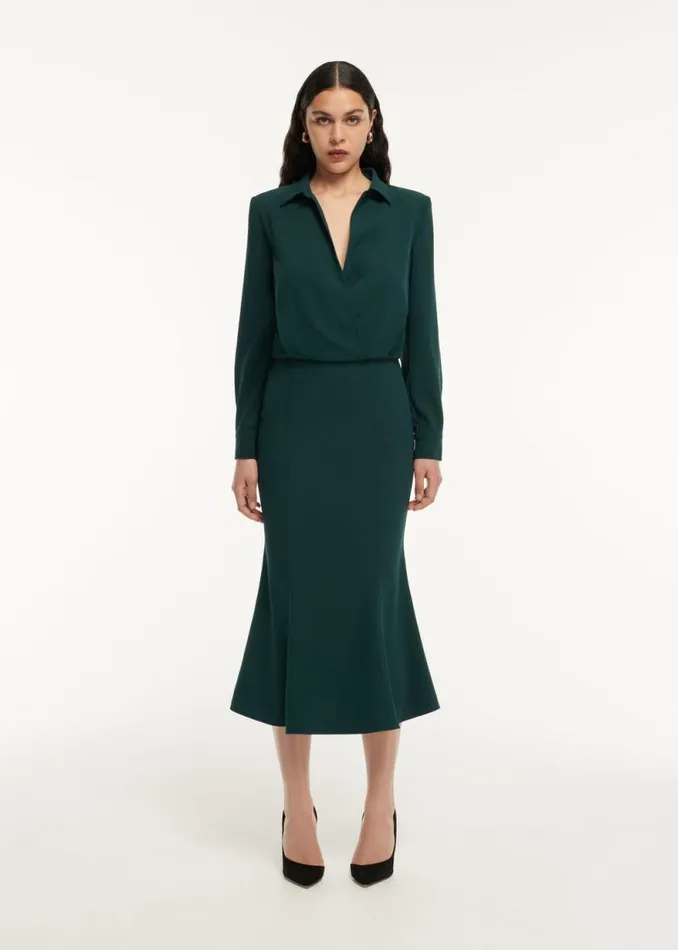 Women Dresses Roland Mouret Long Sleeve Collar Satin Crepe Midi Dress