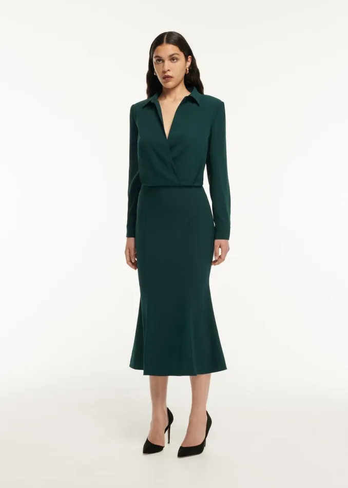 Women Dresses Roland Mouret Long Sleeve Collar Satin Crepe Midi Dress