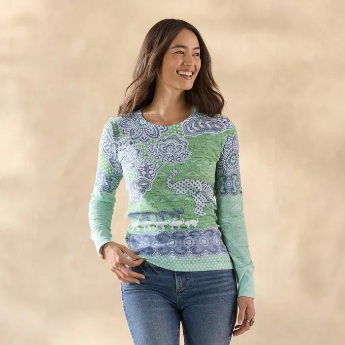 Women Elephant March Tee Green Blue Sundance Catalog Tops