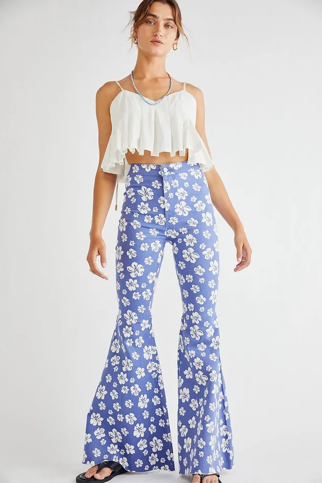 Women HighRise Jeans Free People Just Float On Printed Flare Jeans Blue Hawaii Combo