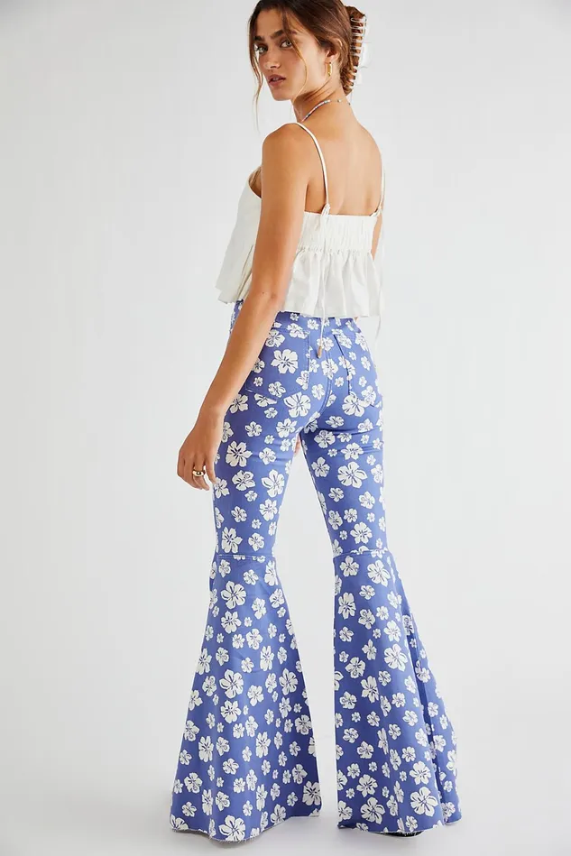 Women HighRise Jeans Free People Just Float On Printed Flare Jeans Blue Hawaii Combo