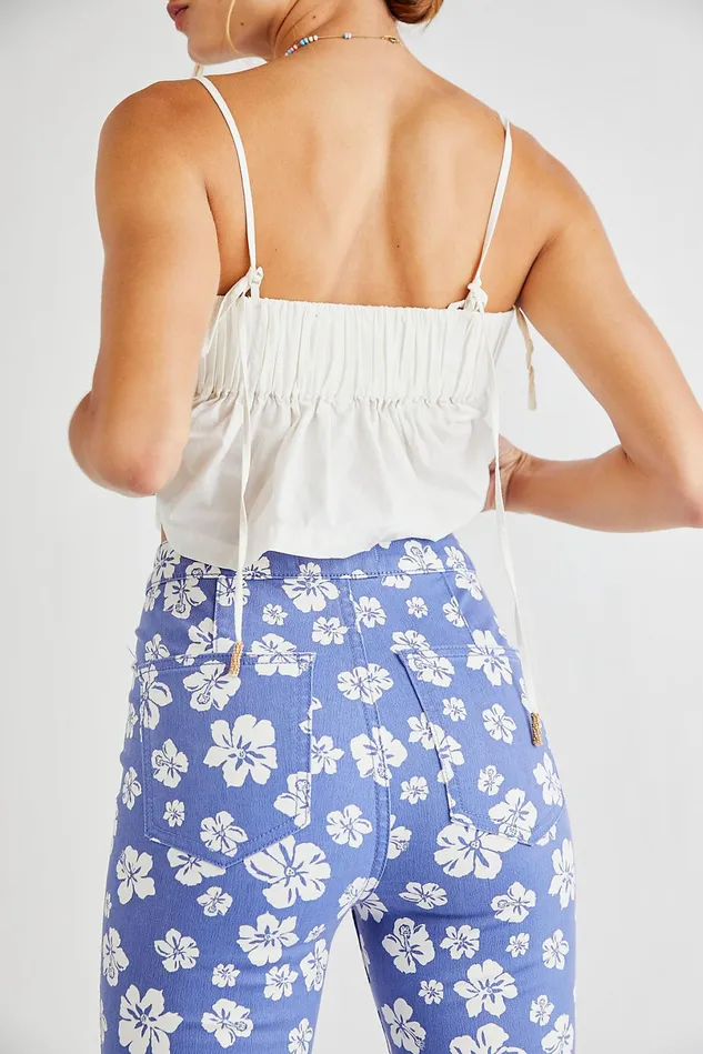 Women HighRise Jeans Free People Just Float On Printed Flare Jeans Blue Hawaii Combo