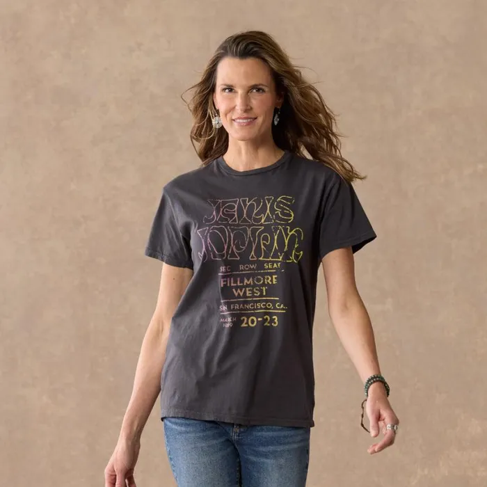 Women Janis Joplin Filmore West Tee Vintage Black Sundance Catalog Tops