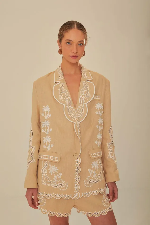 Women Khaki Embroidered Euroflax Premium Linen Blazer Khaki FARM Rio Blazers
