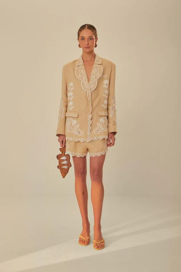 Women Khaki Embroidered Euroflax Premium Linen Blazer Khaki FARM Rio Blazers