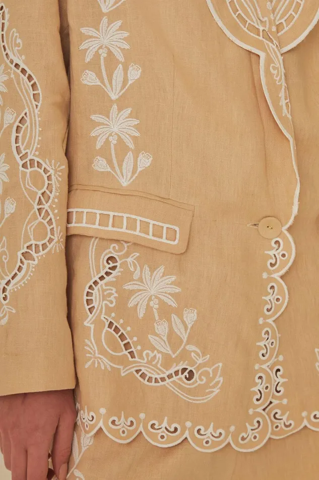 Women Khaki Embroidered Euroflax Premium Linen Blazer Khaki FARM Rio Blazers